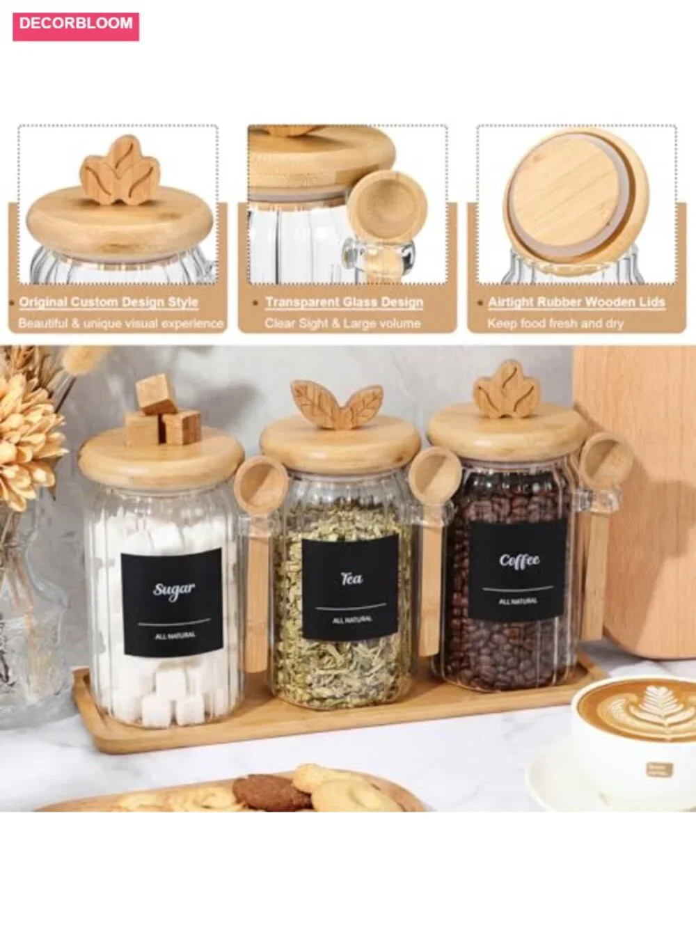 3-Piece Airtight Glass Food Storage Jar Set with Bamboo Color Lid & Spoon